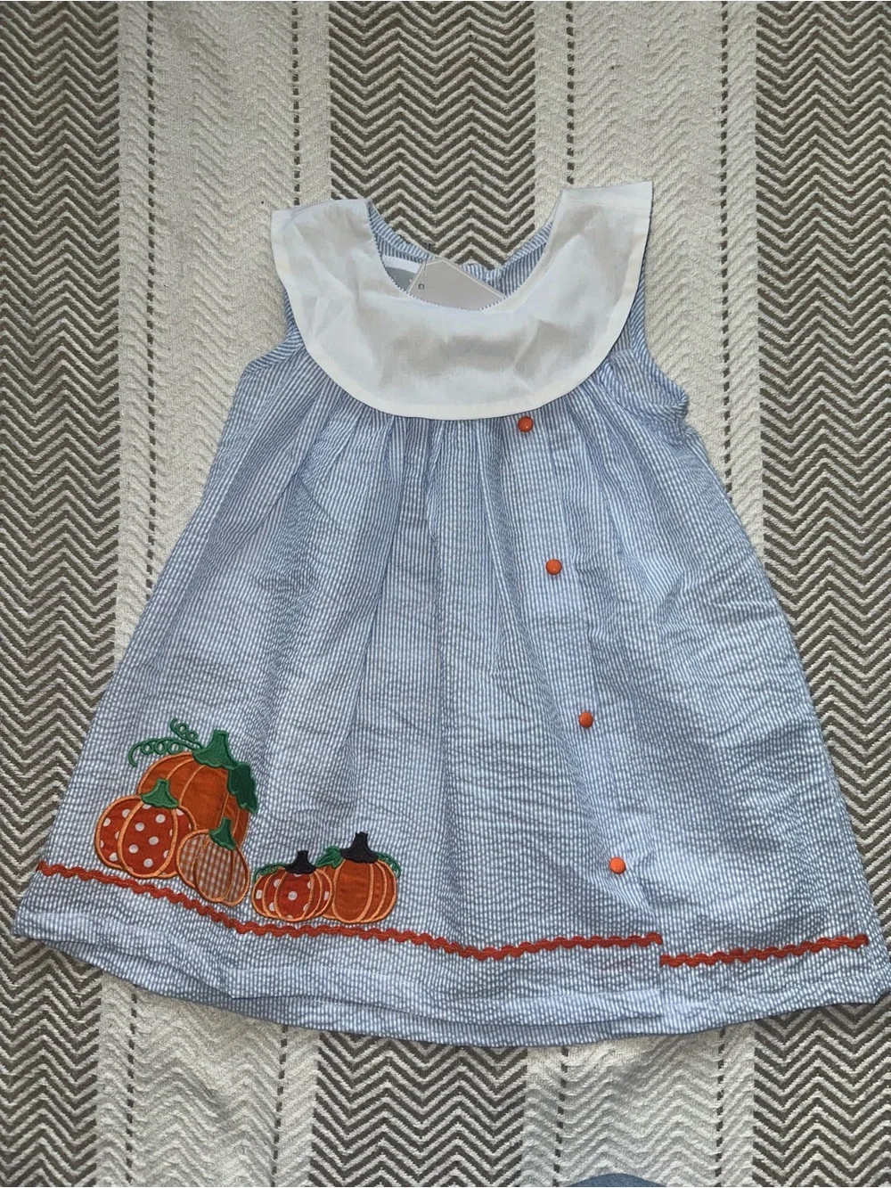 NWT Lil Cactus Blue Seersucker Dress with Pumpkin Appliqué